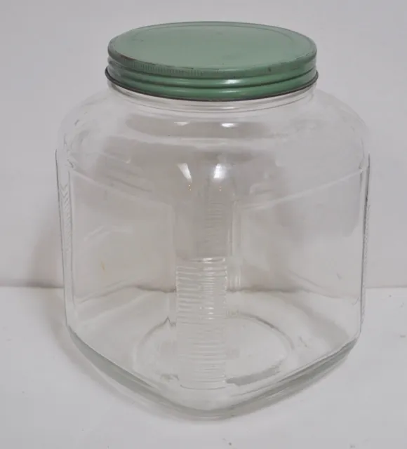 MCM Gallon Hoosier Glass Square Design Ribbed Jar Green Lid