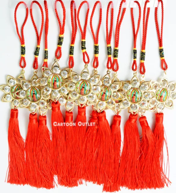 10 Guadalupe Red STRING TASSEL CAR PENDANT  Recuerdos de Bautizo Favors Virgen