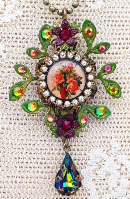 Michal Negrin Necklace Victorian Roses Cameo Crystals Pendant Antique Flowers