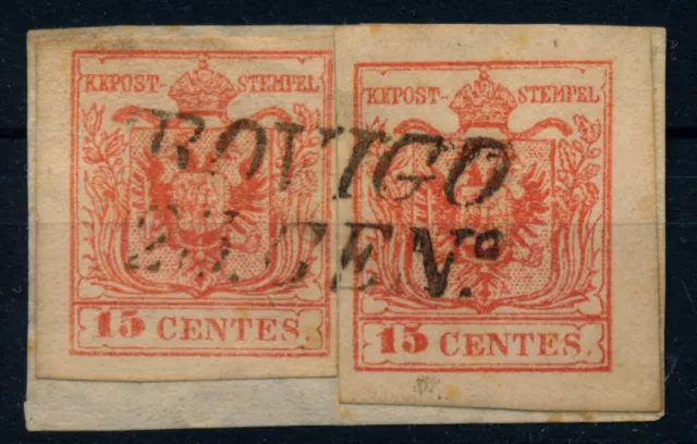 LOMBARDEI-VENETIEN 1850 2*15C auf Briefstück. Beide MP, Type III. ROCIGO.