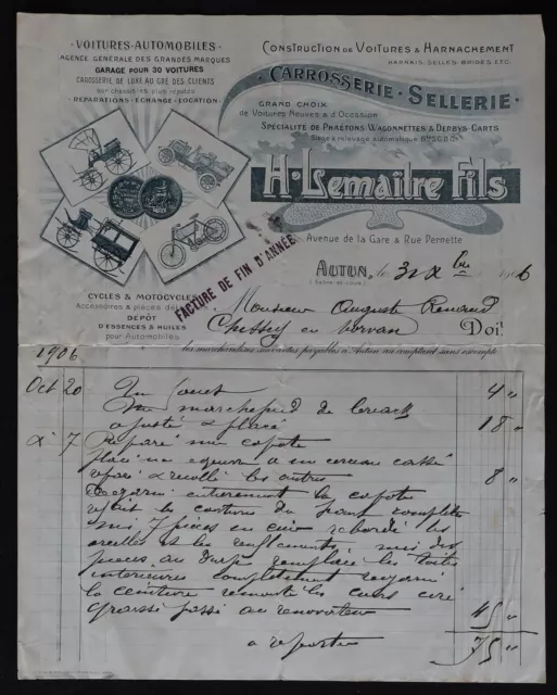 Invoice AUTUMN 1906 Garage LEMAITRE Phaeton Motorcycle Motorcycle Art Nouveau 5