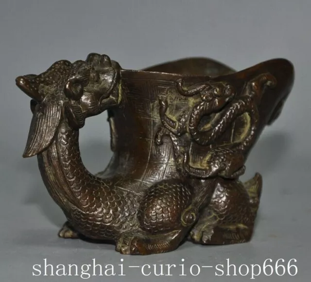 5"China dynasty Ancient bronze dragon loong beast goblet wineglass cup Statue 3