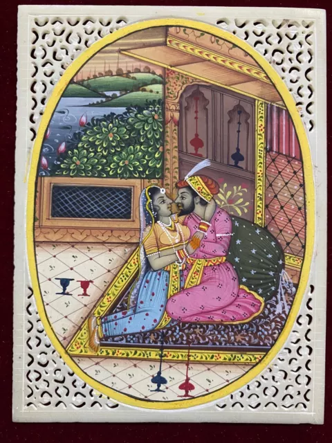 Hand Painted Mughal King and Queen Love Seen Persian Painting Synthetic Ivory