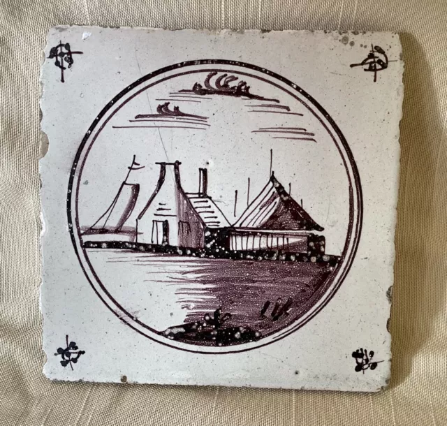 Antique 18th Century Dutch Delft Tile, Manganese 13 Cm Square