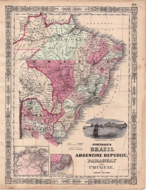1864 Antique Johnson Atlas Map Of Brazil, Argentina, Paraguay-Hand Colored