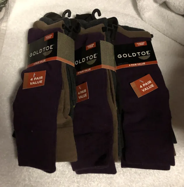 Goldtoe Fashion Crew Men's Socks 4 Pairs - Grey/Purple,Brown, Black- Lot Of 3