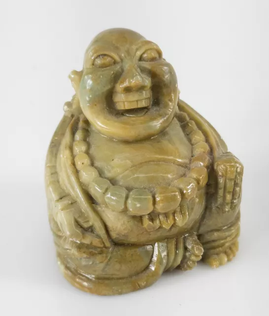 Antique Vintage Chinese Carved Green Soapstone Serpentine Laughing Buddha Figure