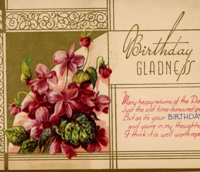 Art Deco Birthday Gladness greetings card printed flowers c1930 vintage printed