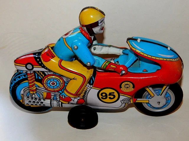 Altes Blech RENN-MOTORRAD bewegliche Fahrerfigur DMI India