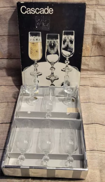Set of 6 Vintage Bohemia Crystal Fluted, Etched Champagne Glasses New In Org Box