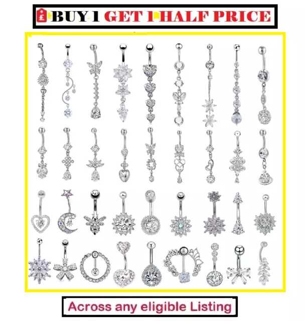 Belly Bars Navel Rings Crystal Dangle Dangly Clear CZ Stone Reverse Wear TOPDROP