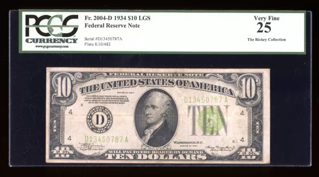 DBR 1934 $10 LGS FRN Cleveland Fr. 2004-Dlgs PCGS 25 Serial D13450787A
