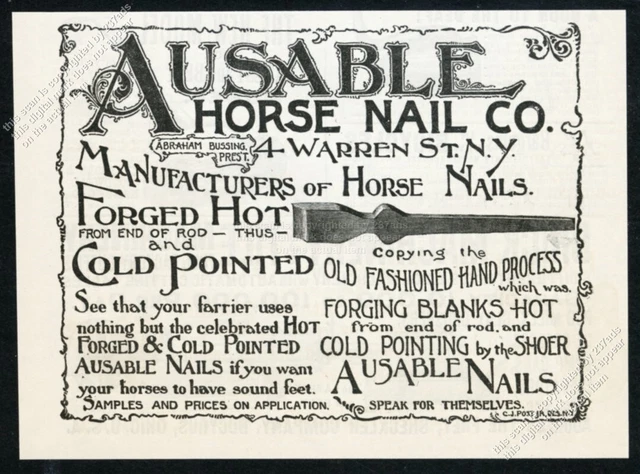 1891 Ausable Horse Nail company illustrated antique vintage print ad