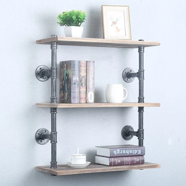 Industrial Pipe Shelf Real Wood Floating Shelves,Rustic 3 Tier Wall Shelf Bar Pi