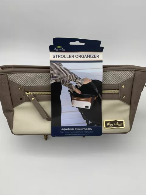 Itzy Ritzy Adjustable Stroller Caddy  Organizer : Taupe Cream Herringbone New