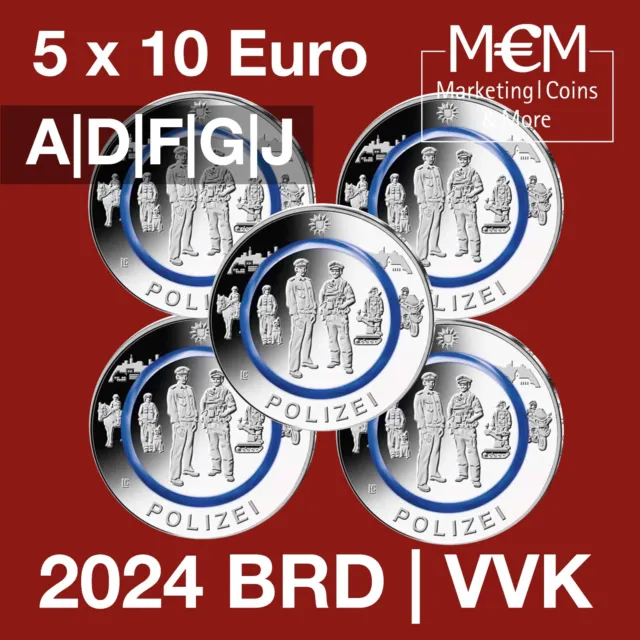 #### 10 € Euro Deutschland Brd 2024 Polymermünze Blau Polizei Satz Adfgj ####
