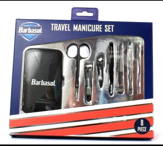 Barbasol 8 Piece Travel Manicure Set Scissors File Tweezer Case Pusher. New!