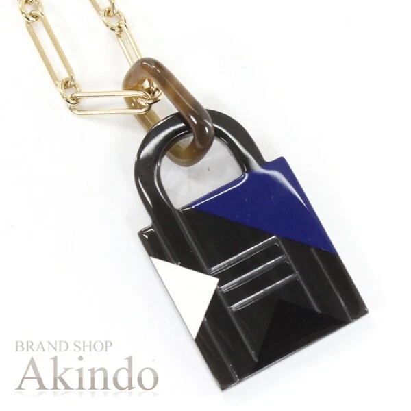 Hermes Buffalo Horn Necklace Amulet Gm Cadena Padlock Pendant Blue Black And Whi