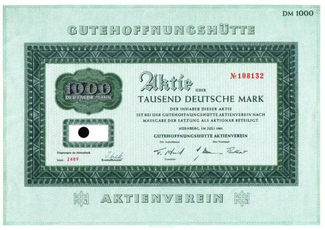 Gutehoffnungshütte Aktienverein 1961 1000 DM