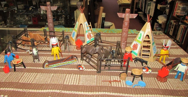 1974 Lot Playmobil Geobra Western Cowboys & Indians Teepees Canoes Horses Cows+