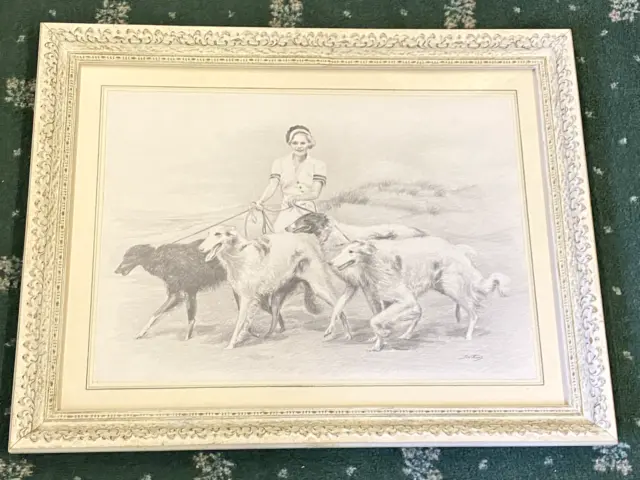Rare Very Large Antique Borzoi / Russian Wolfhound Dog Drawing 1949 Signed
