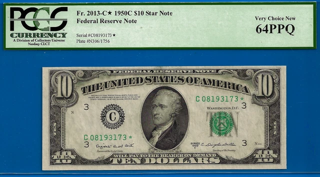 1950C $10 Federal Reserve Note PCGS 64PPQ 2nd highest graded star Fr 2013-C*