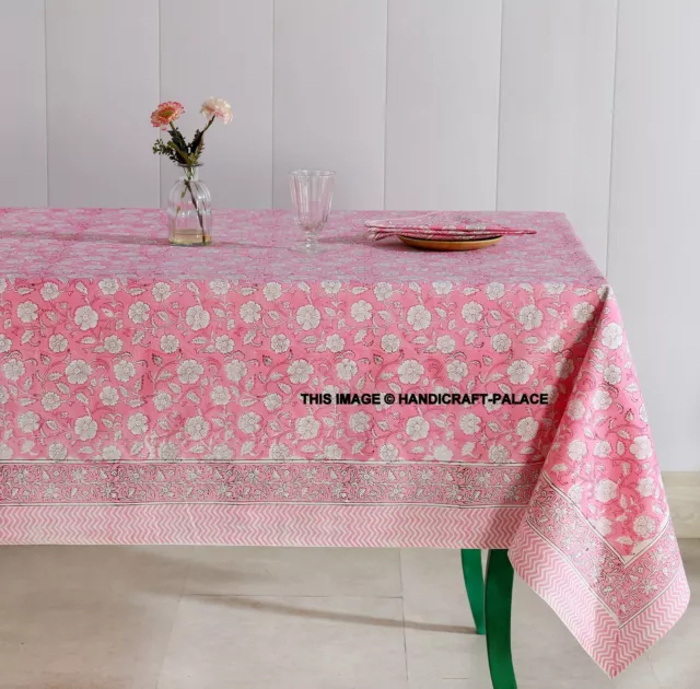 Rajasthan Rose Floral Vigne Coton Bloc Imprimé Nappe Rectangle Avec 6 Serviette