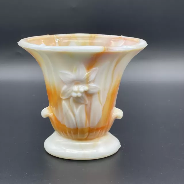 Vintage Akro Agate Orange slag glass swirl daffodil vase black light glow