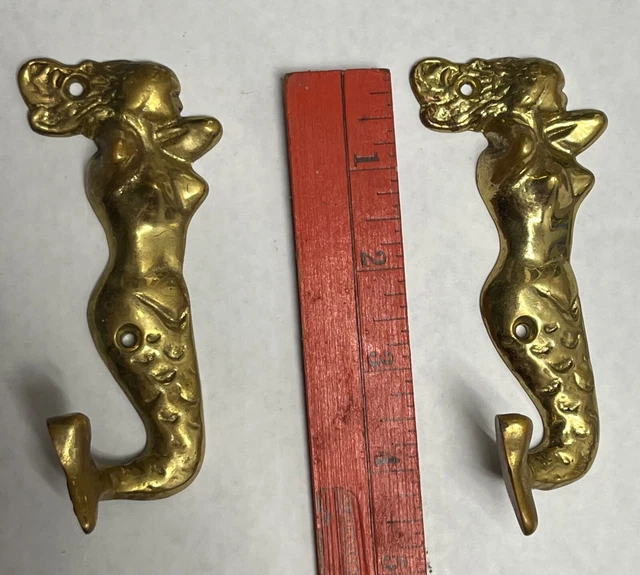 A Pair of Vintage Solid Brass Mermaid Coat Hook or Key Hanger 4.5" Tall