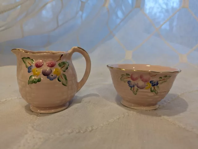 1940s Vintage Crown Devon UK Hand Painted Basketweave Cream & Sugar Set - Pink