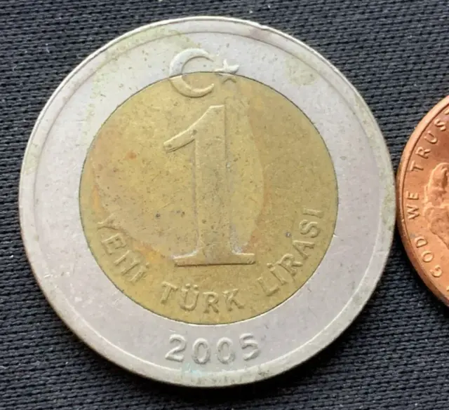 2005 Turkey 1 Yeni Lira Coin XF Bi Metallic  World Coin      #K2269