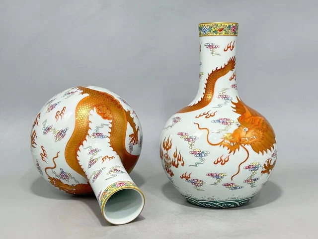 A Pair Estate China Qing Freehand Sketching Famille Rose Porcelain Dragon Vase 3