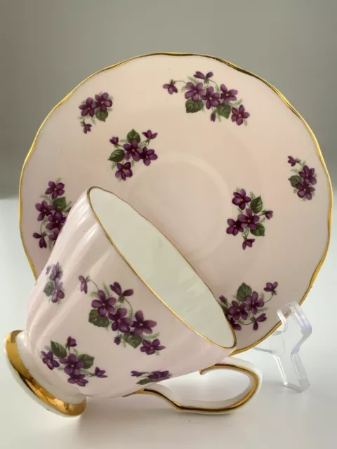 Colclough Teacup and Saucer Pink with Purple Flowers Gold Gilt England X209