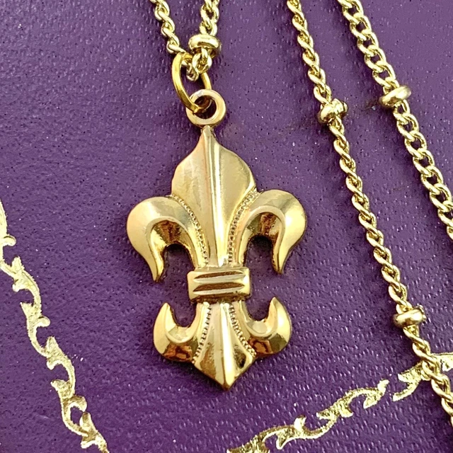 Fleur De Lis Necklace Gold Tone Metal Vintage Charm Pendant Modern Chain