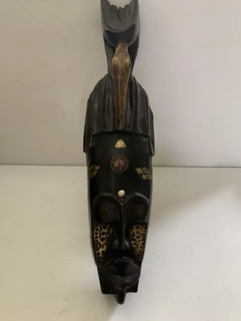 African Tribal wooden Large mask Inlaid Metal 18.5” Ghana hand carved W/ Tags