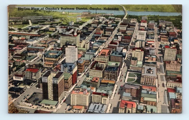 Omaha Business District Skyline Omaha NB Aerial Linen Postcard Posted 1944