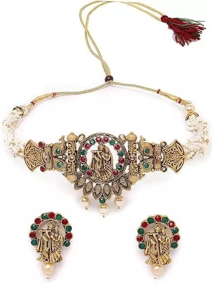 Red & Green Stone Temple Choker Necklace Set With Earring | Jewellery Set women