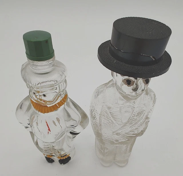 Vintage Glass Men Figural Bottles Top Hat Miniature Display Set Lot of 2