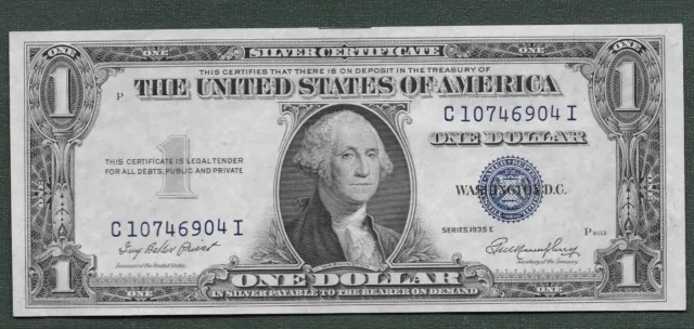 1935 E Series One Dollar, Uncirculated, Silver Certificate, Blue Seal.