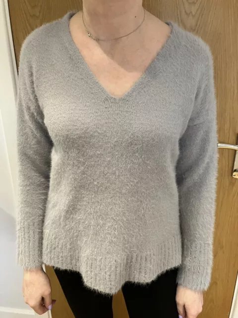 Oasis Ladies size XS Fluffy Grey V neck jumper