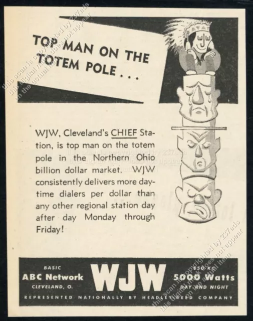 1946 WJW radio station Cleveland Indian totem pole art vintage trade print ad