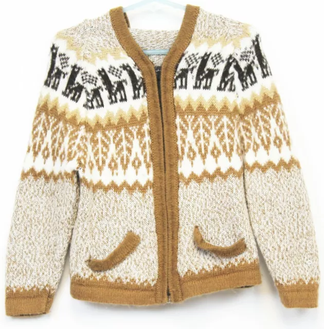 Peru Sweater Hoodie Kid Small Cardigan Tan White Zip up Llama/Alpaca Soft Fuzzy
