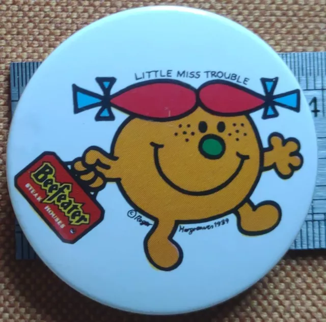 Vintage Pin Badge Little Miss Trouble Mr Men At Beefeater