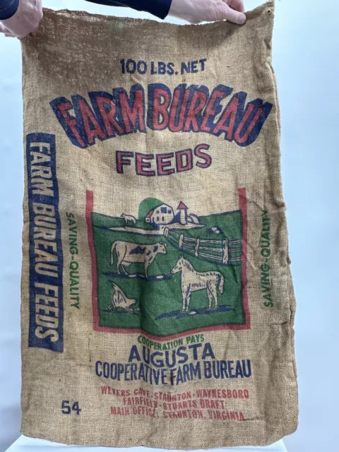 FARM BUREAU VTG BURLAP FEED SACK  GREAT GRAPHICS! 100 LB CAPACITY! 20" x 37"