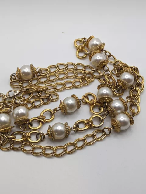 Vintage Faux Pearl & Gold tone DYNASTY Heavy Double Chain Necklace  LONG 49 cm