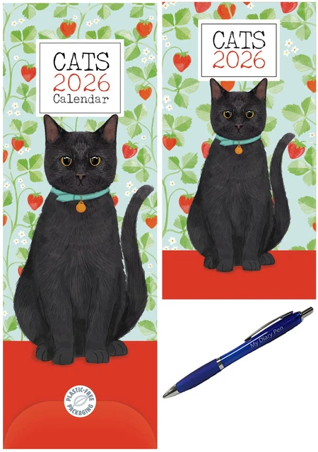 CATS 2026 SLIM Wall Calendar with Cats 2026 Slim Diary + Diary Pen £17. ...
