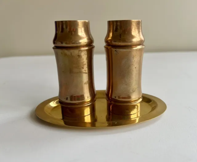 Vintage Copper Salt & Pepper Shakers With Brass Tray