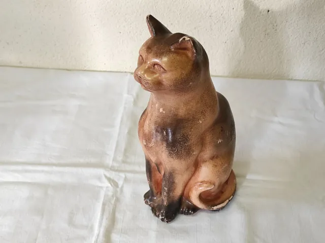 Ancienne Figurine, sujet, statuette Chat en terre cuite de 24,5 cm de haut