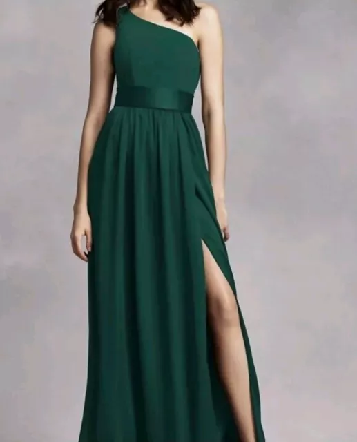 White by Vera Wang One Shoulder Chiffon Belted Gown Dress Sz 12 Forest Green