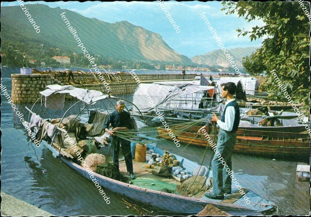 cg123 cartolina  isola pescatori lago maggiore pescatori con reti verbania
